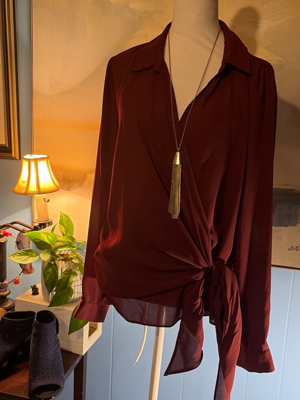 VENUS Wine Red Wrap Tie Blouse